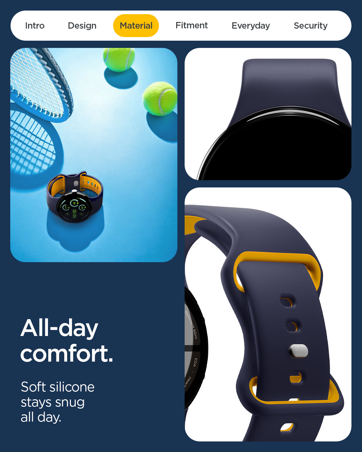 AMP09485 - Pixel Watch 4 (41mm) Nano Pop in Blueberry Navy showing the all day comfort. Soft silicone stays snug all day