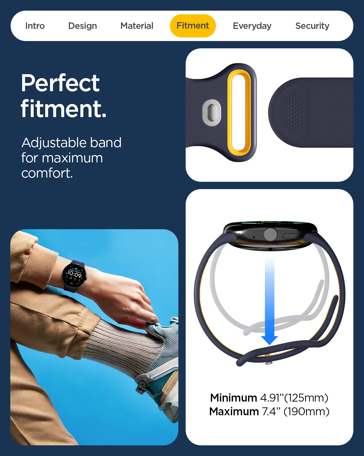 AMP09485 - Pixel Watch 4 (41mm) Nano Pop in Blueberry Navy showing the perfect fitment. Adjustable band for maximum comfort.