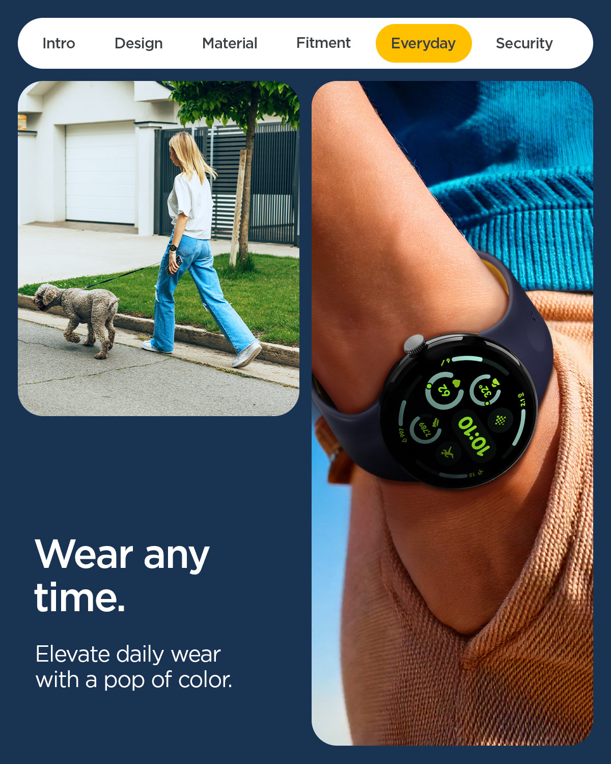 AMP09485 - Pixel Watch 4 (41mm) Nano Pop in Blueberry Navy showing wear any time. Elevate your daily wear with a pop of color