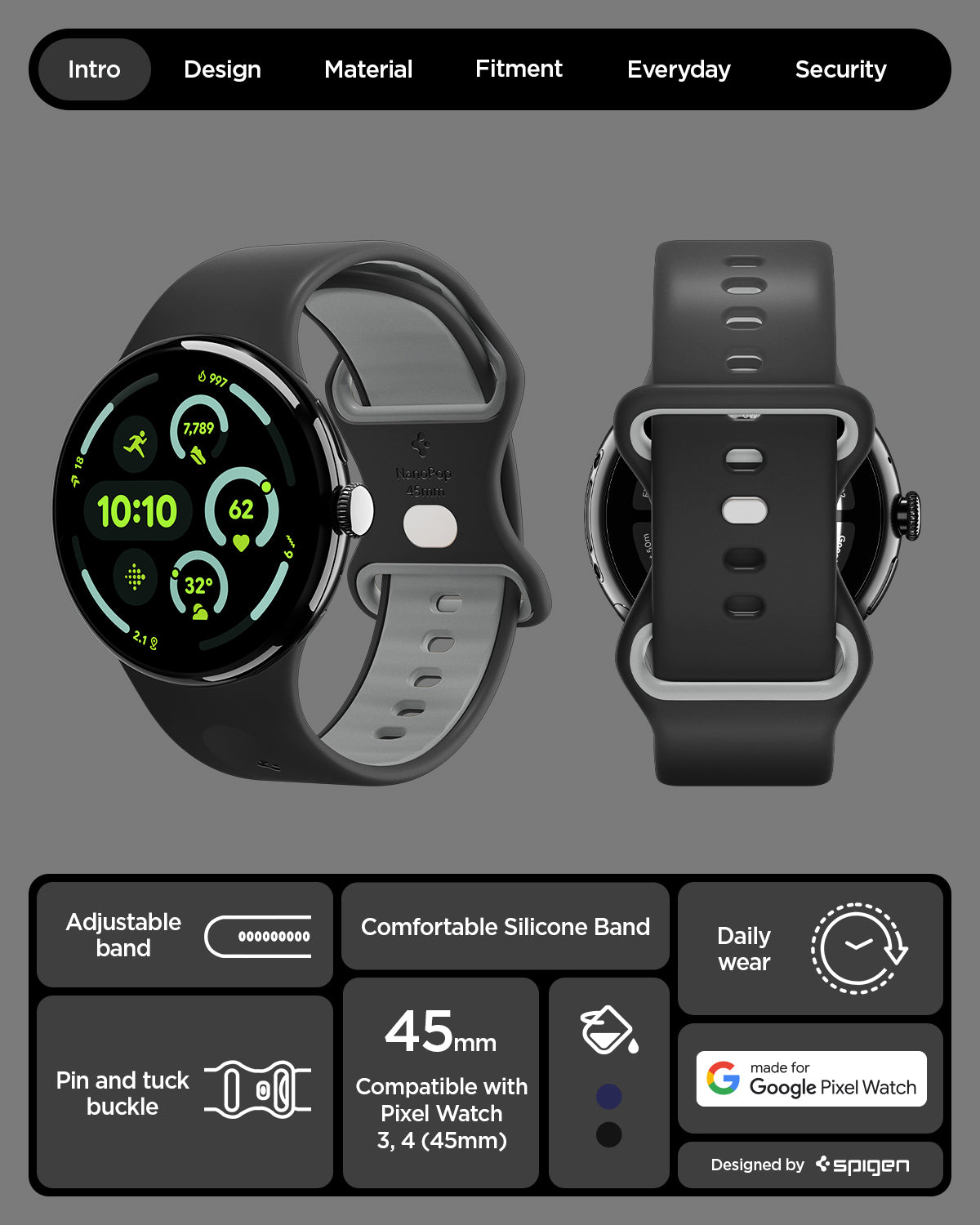 AMP09491 - PWF Series Band Nano Pop in black sesame showing the details. Adjustable band, pin and tuck buckle, comfortable silicone band and compatible with Pixel Watch 3, 4 (45mm)