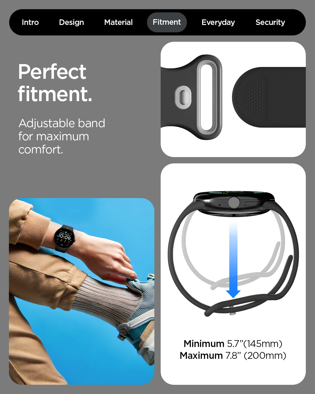 AMP09491 - Pixel Watch 5 (45mm) Nano Pop Black Sesame showing the perfect fitment. Adjustable band for maximum comfort.
