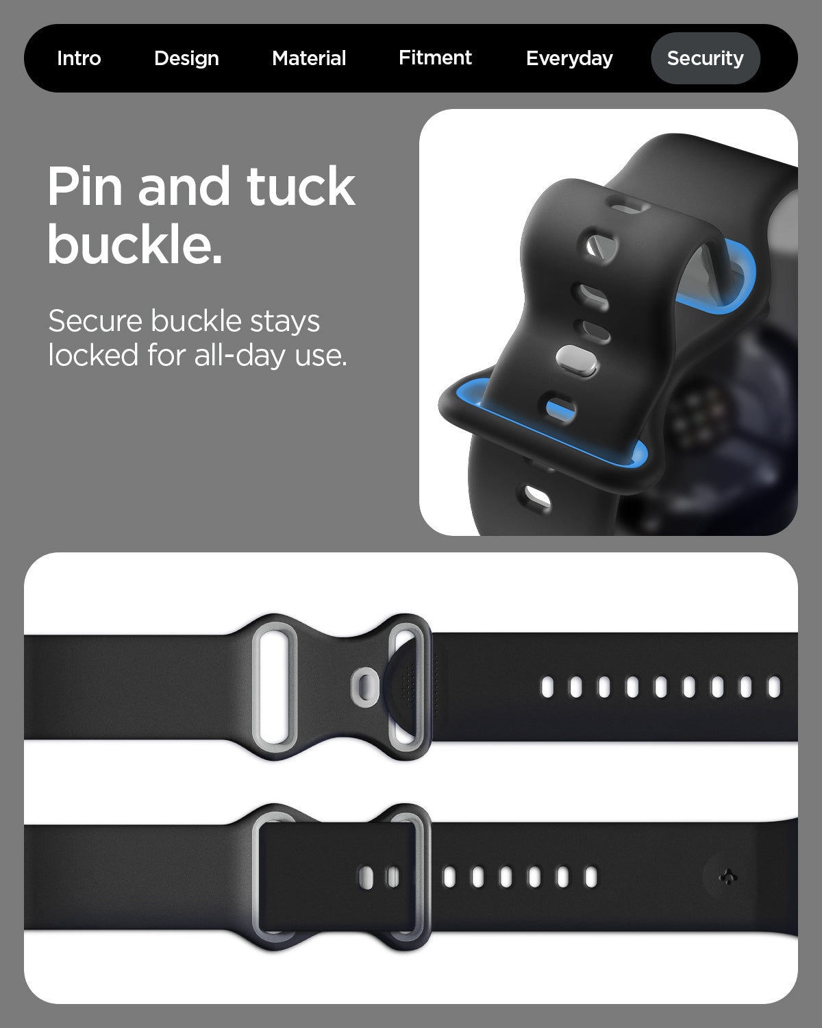 AMP09491 - PWF Series Band Nano Pop in black sesame showing the pin and tuck buckle. Secure buckle stays locked for all day use