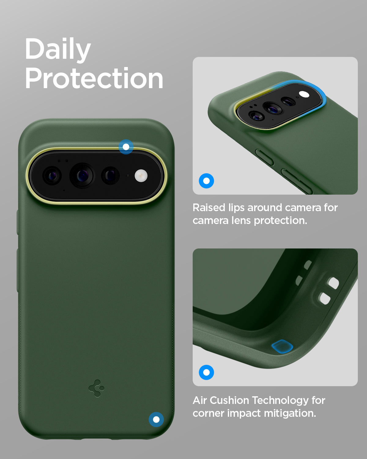 ACS11456 - Pixel 11 Pro XL Nano Pop (Mag Fit) Avo Green close up highlighting the raised camera surround and Air Cushion Technology around the corners.