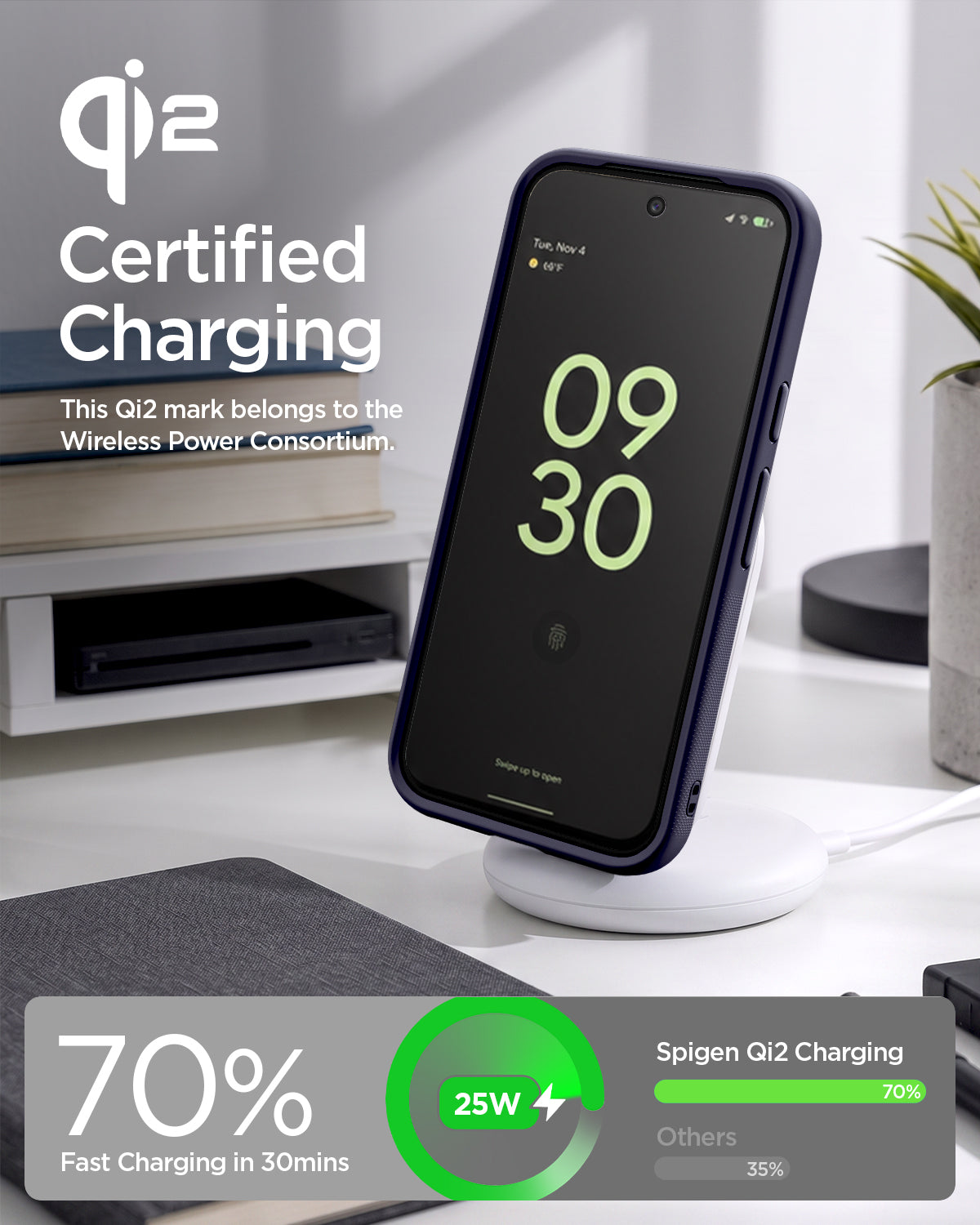 ACS11454 - Pixel 11 Pro XL Nano Pop (Mag Fit) Blueberry Navy charging on a wireless charger with the Qi2 certified case installed.