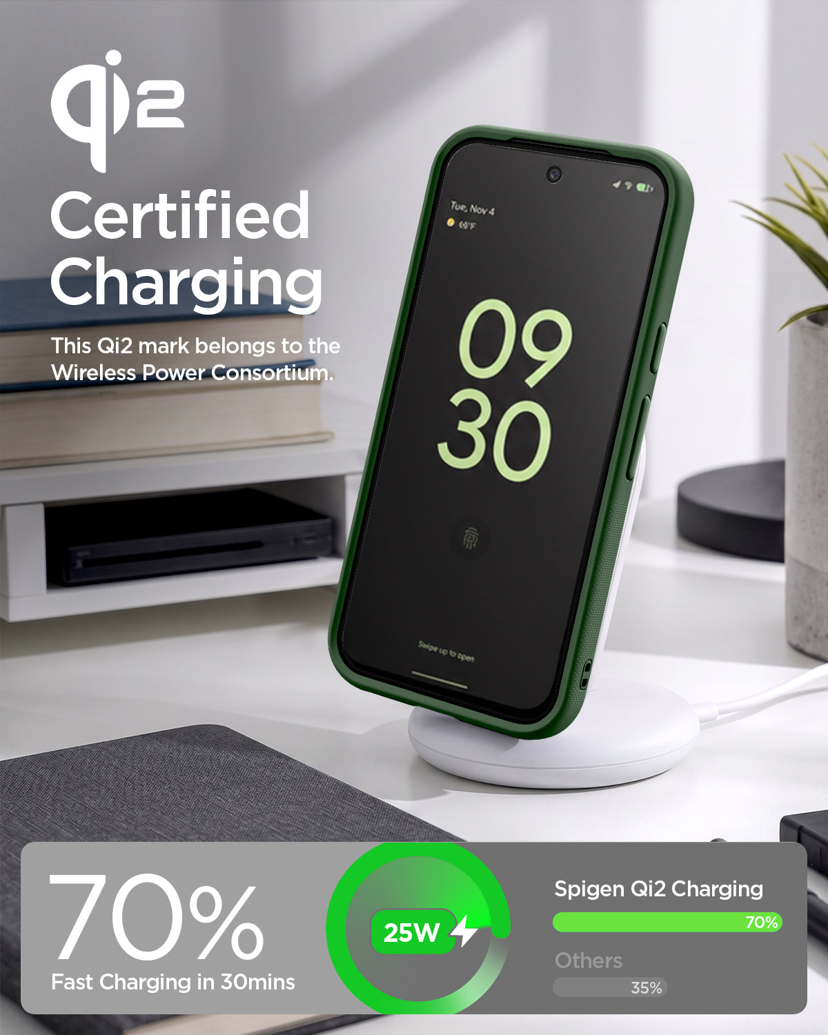 ACS11456 - Pixel 11 Pro XL Nano Pop (Mag Fit) Avo Green charging on a wireless charger with the Qi2 certified case installed.