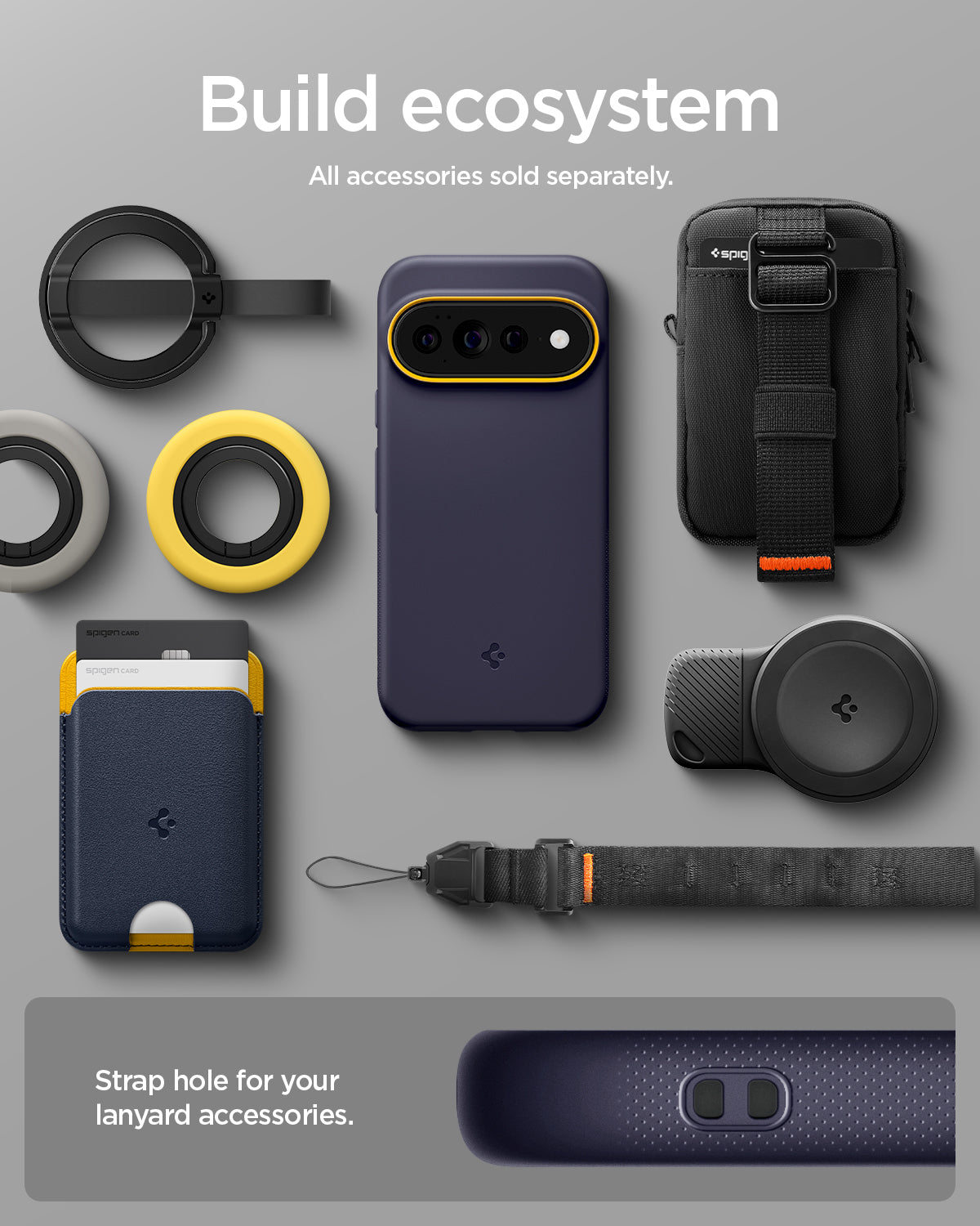 ACS11454 - Pixel 11 Pro XL Nano Pop (Mag Fit) Blueberry Navy case shown with compatible magnetic accessories including a wallet, charger, ring grip, pouch, and lanyard.