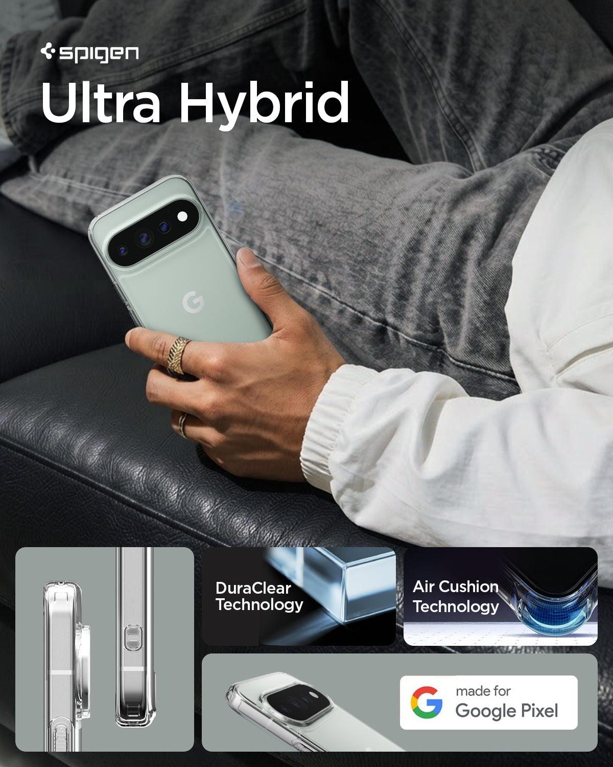ACS11450 - Pixel 11 Pro XL Ultra Hybrid Crystal Clear lifestyle image featuring the Ultra Hybrid crystal clear case with a slim design, DuraClear technology, and Air Cushion protection.