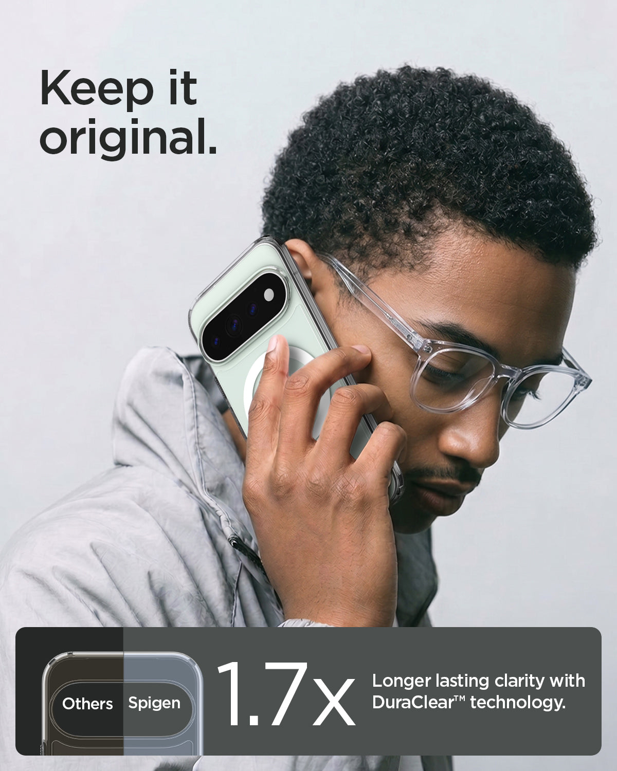 ACS11451 - Pixel 11 Pro XL Ultra Hybrid (Mag Fit) Clear White person holding the case highlighting DuraClear technology for longer lasting clarity.