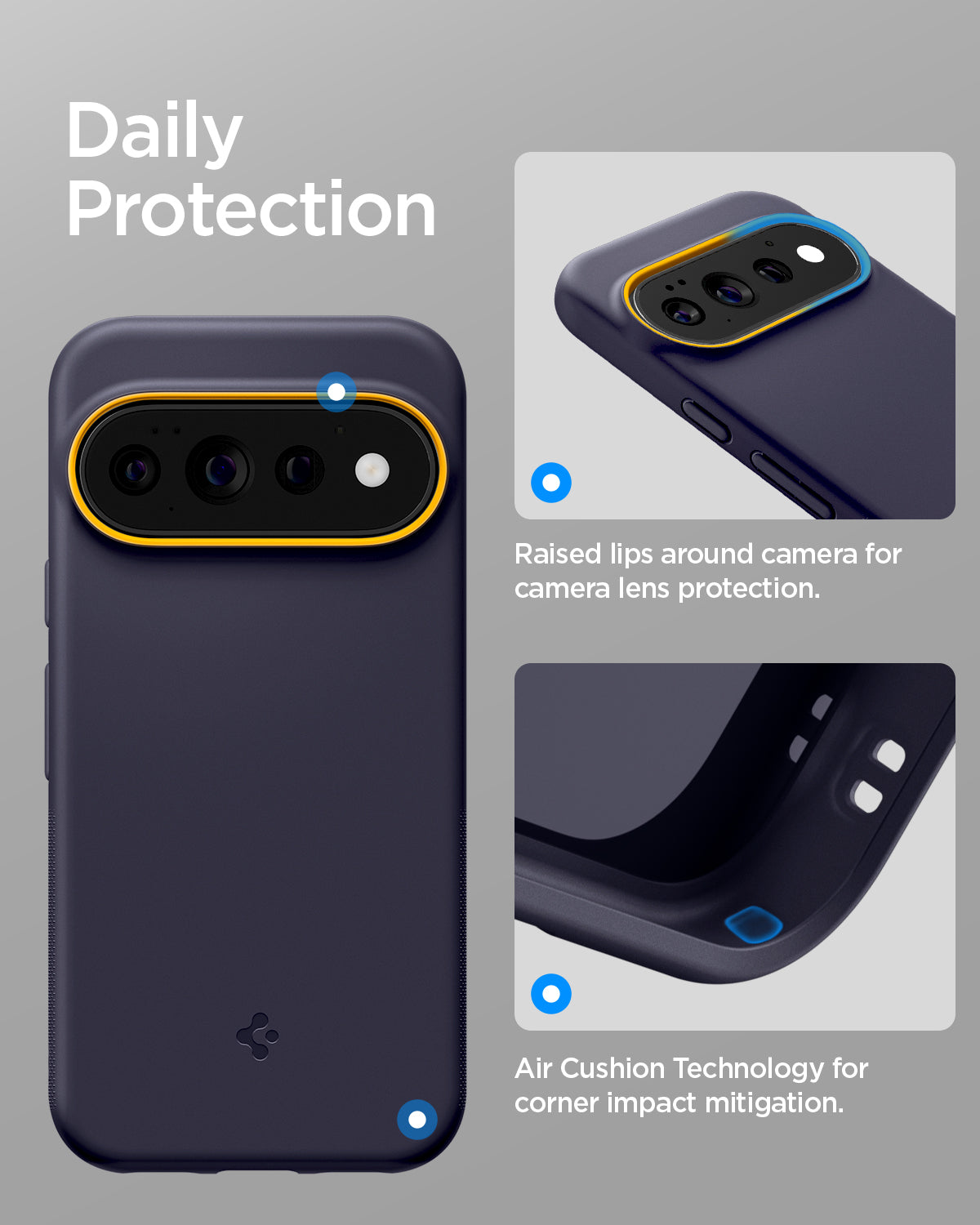 ACS11434 - Pixel 11 Pro  Nano Pop (Mag Fit) Blueberry Navy close up highlighting the raised camera surround and Air Cushion Technology around the corners.