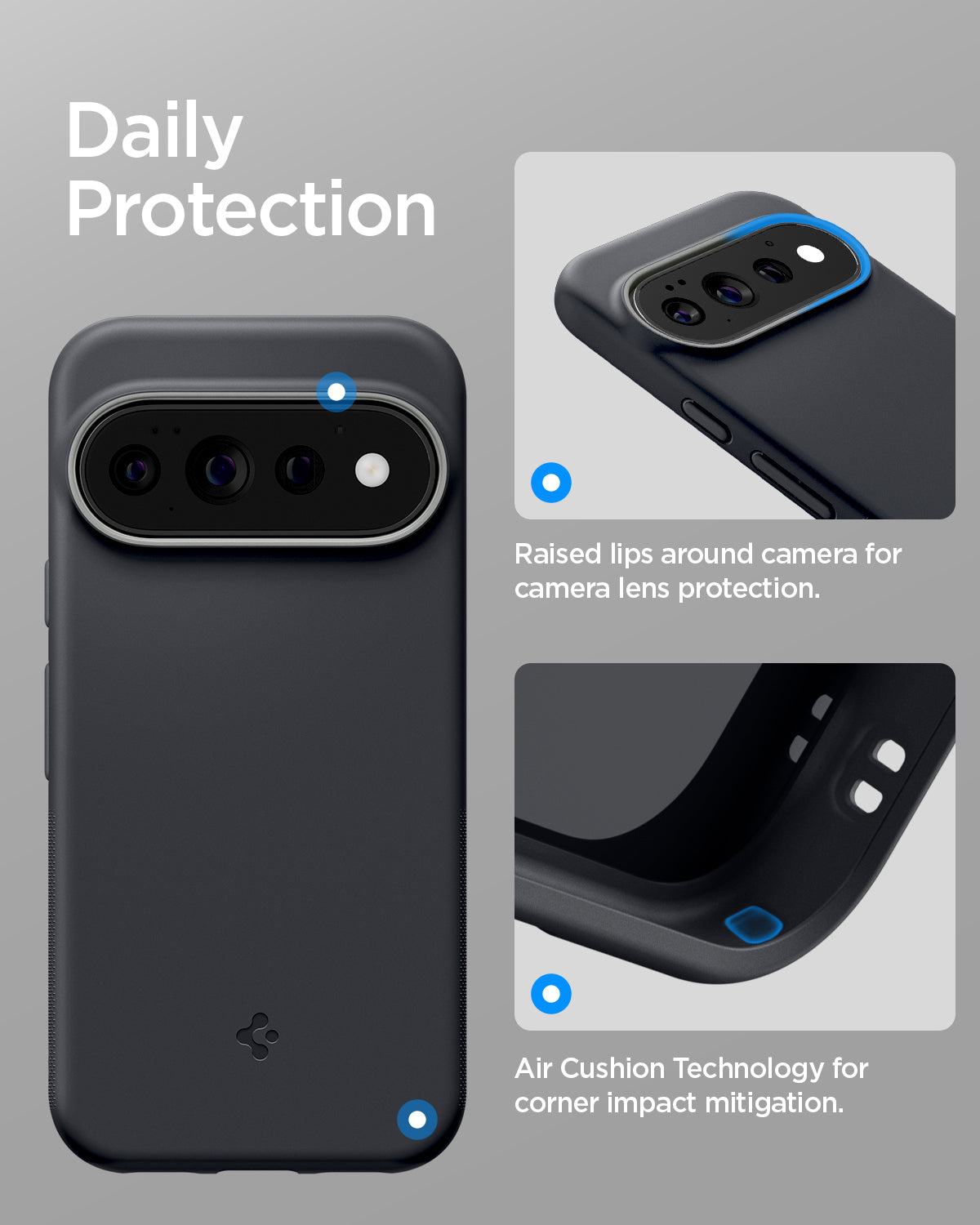 ACS11435 - Pixel 11 Pro  Nano Pop (Mag Fit) Black Sesame close up highlighting the raised camera surround and Air Cushion Technology around the corners.