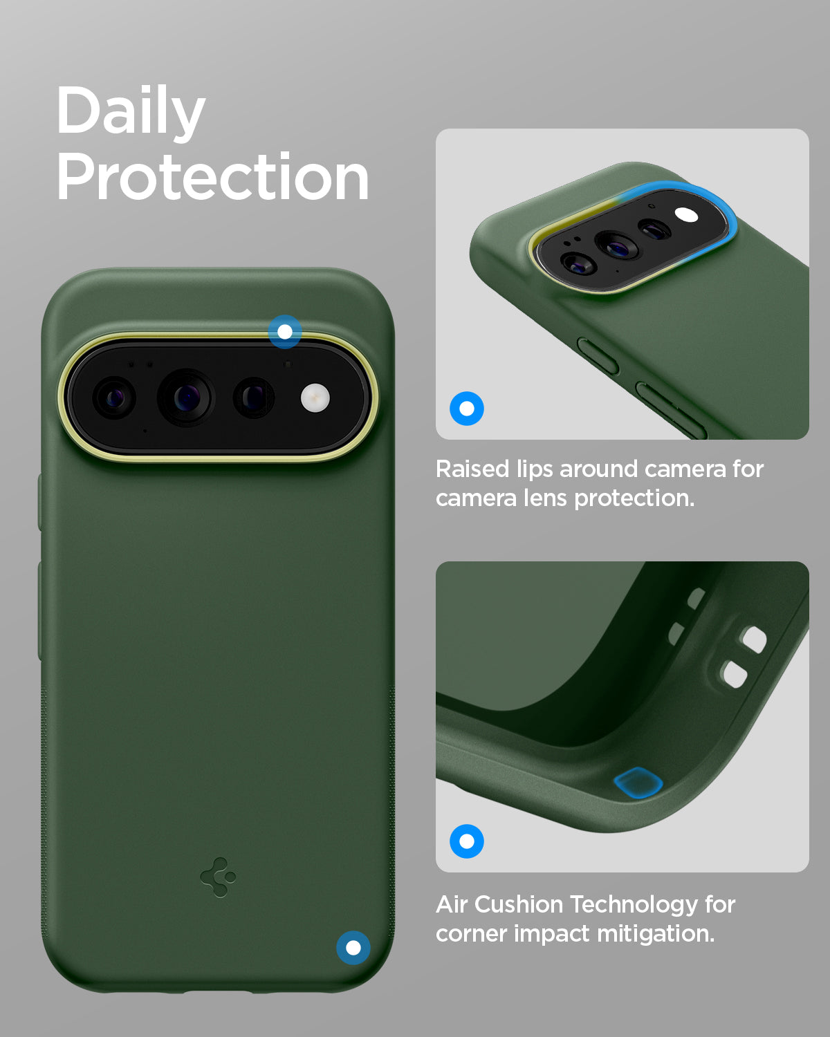 ACS11436 - Pixel 11 Pro  Nano Pop (Mag Fit) Avo Green close up highlighting the raised camera surround and Air Cushion Technology around the corners.