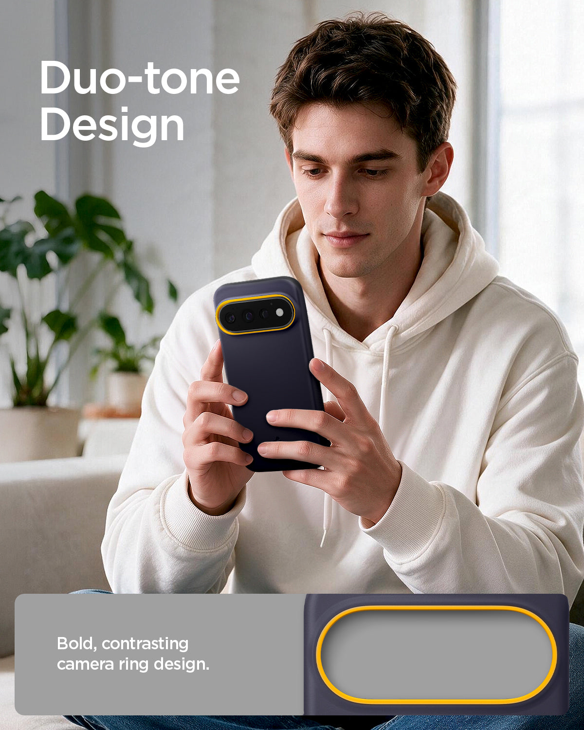 ACS11434 - Pixel 11 Pro  Nano Pop (Mag Fit) Blueberry Navy person holding the Nano Pop MagFit case featuring a contrasting camera surround and smooth exterior finish.