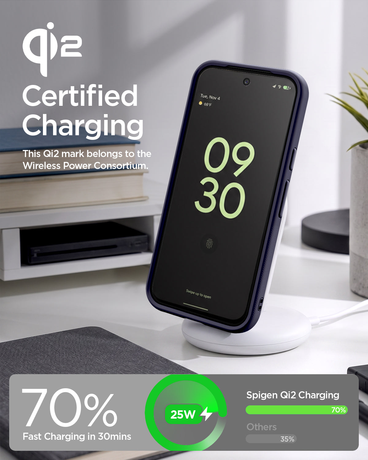 ACS11434 - Pixel 11 Pro  Nano Pop (Mag Fit) Blueberry Navy charging on a wireless charger with the Qi2 certified case installed.