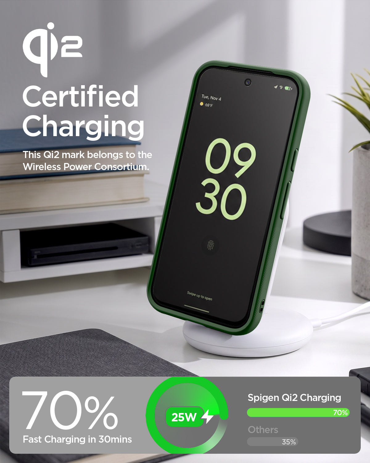 ACS11436 - Pixel 11 Pro  Nano Pop (Mag Fit) Avo Green charging on a wireless charger with the Qi2 certified case installed.