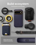 ACS11434 - Pixel 11 Pro  Nano Pop (Mag Fit) Blueberry Navy case shown with compatible magnetic accessories including a wallet, charger, ring grip, pouch, and lanyard.
