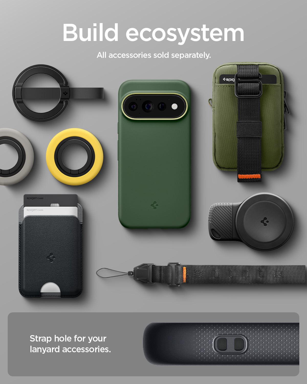 ACS11436 - Pixel 11 Pro  Nano Pop (Mag Fit) Avo Green case shown with compatible magnetic accessories including a wallet, charger, ring grip, pouch, and lanyard.