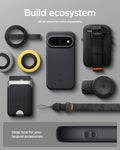 ACS11435 - Pixel 11 Pro  Nano Pop (Mag Fit) Black Sesame case shown with compatible magnetic accessories including a wallet, charger, ring grip, pouch, and lanyard.