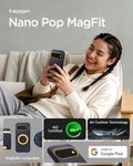 ACS11444 - Pixel 11 Nano Pop (Mag Fit) Blueberry Navy person holding the Nano Pop MagFit case demonstrating magnetic compatibility, Qi2 certified charging, and everyday use.