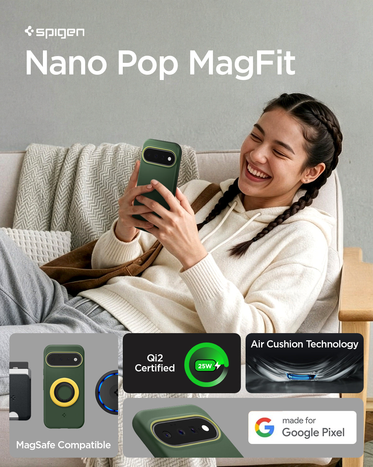 ACS11446 - Pixel 11 Nano Pop (Mag Fit) Avo Green person holding the Nano Pop MagFit case demonstrating magnetic compatibility, Qi2 certified charging, and everyday use.