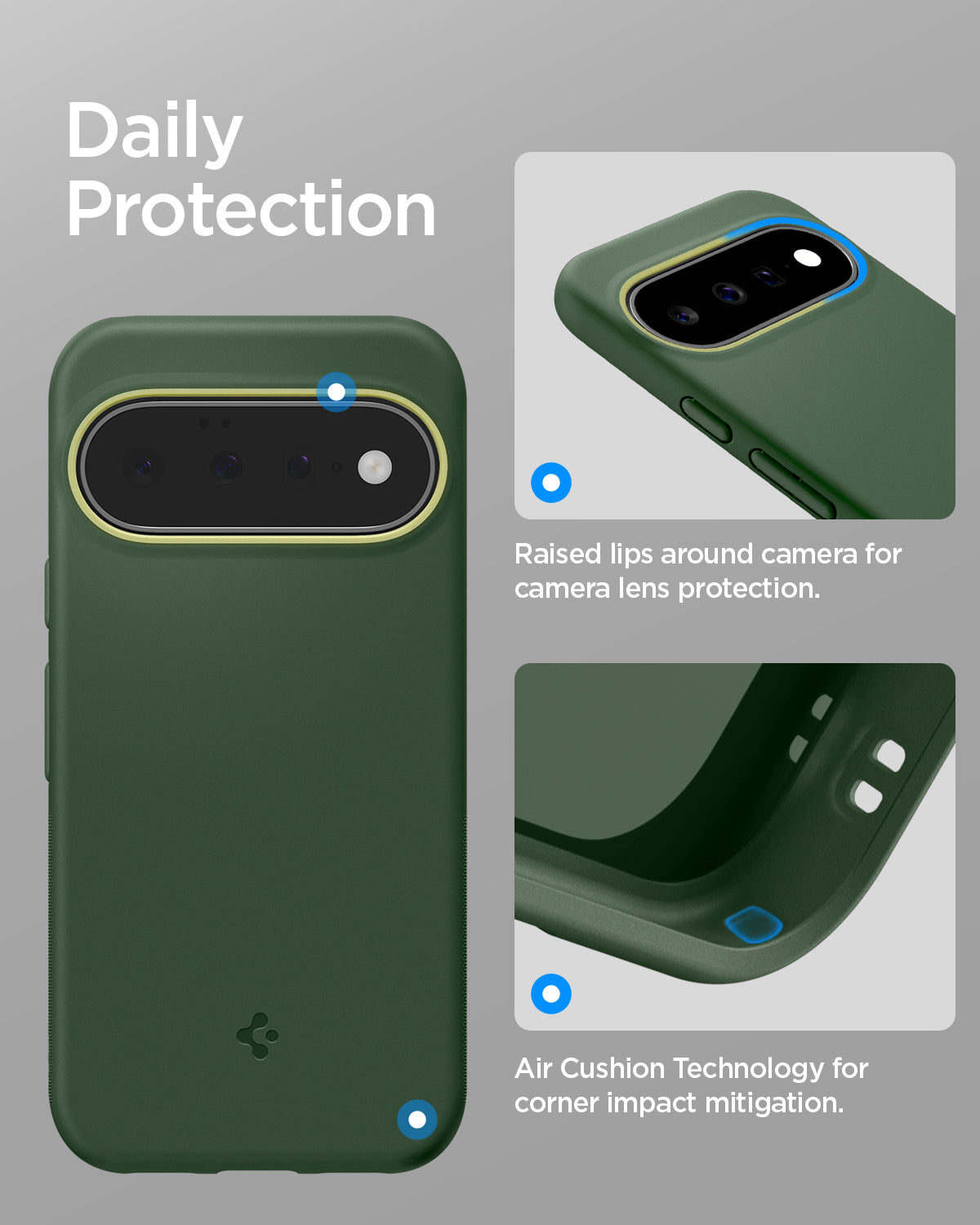 ACS11446 - Pixel 11 Nano Pop (Mag Fit) Avo Green close up highlighting the raised camera surround and Air Cushion Technology around the corners.