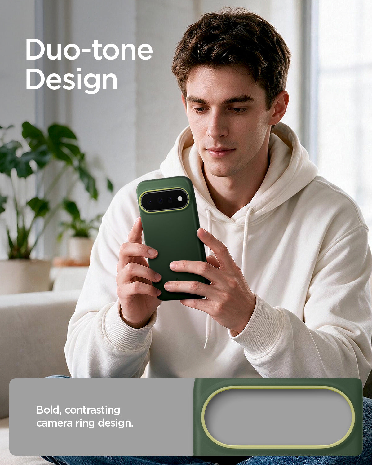 ACS11446 - Pixel 11 Nano Pop (Mag Fit) Avo Green person holding the Nano Pop MagFit case featuring a contrasting camera surround and smooth exterior finish.