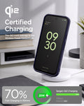 ACS11444 - Pixel 11 Nano Pop (Mag Fit) Blueberry Navy charging on a wireless charger with the Qi2 certified case installed.