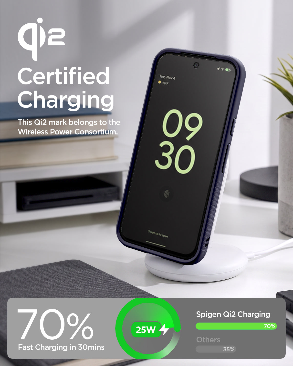 ACS11444 - Pixel 11 Nano Pop (Mag Fit) Blueberry Navy charging on a wireless charger with the Qi2 certified case installed.