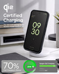 ACS11445 - Pixel 11 Nano Pop (Mag Fit) Black Sesame charging on a wireless charger with the Qi2 certified case installed.