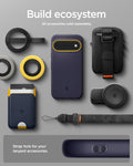 ACS11444 - Pixel 11 Nano Pop (Mag Fit) Blueberry Navy case shown with compatible magnetic accessories including a wallet, charger, ring grip, pouch, and lanyard.
