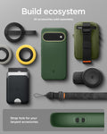 ACS11446 - Pixel 11 Nano Pop (Mag Fit) Avo Green case shown with compatible magnetic accessories including a wallet, charger, ring grip, pouch, and lanyard.