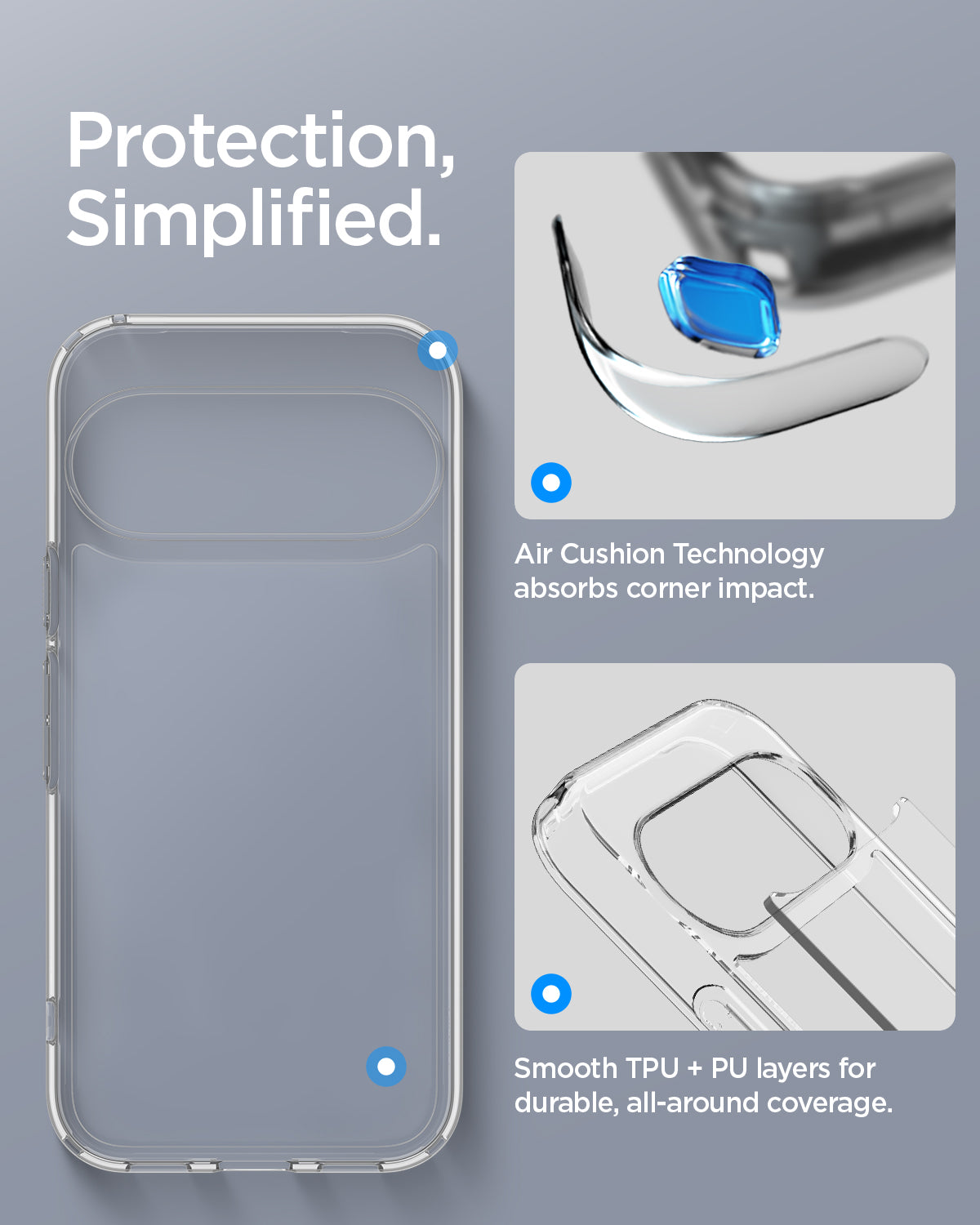 ACS11440 - Pixel 11 Ultra Hybrid Crystal Clear Crystal clear case for Pixel 11 featuring Air Cushion Technology, reinforced corners, and hybrid TPU and PC construction.