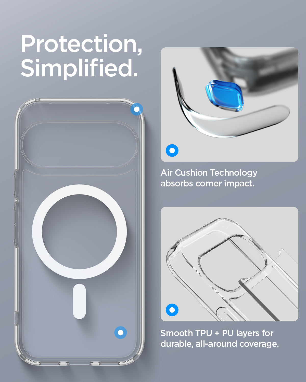 ACS11441 - Pixel 11 Ultra Hybrid (Mag Fit) Clear White case featuring Air Cushion Technology, reinforced corners, and durable hybrid TPU and PC construction.