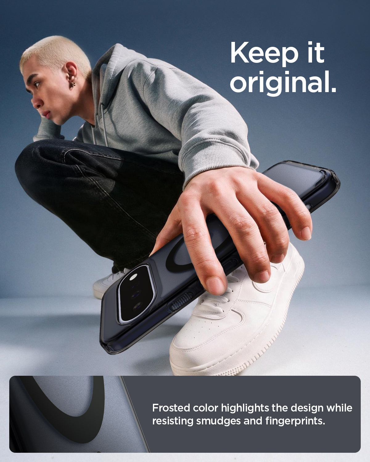 ACS11442 - Pixel 11 Ultra Hybrid (Mag Fit) Frost Black person holding the case highlighting DuraClear technology for longer lasting clarity.