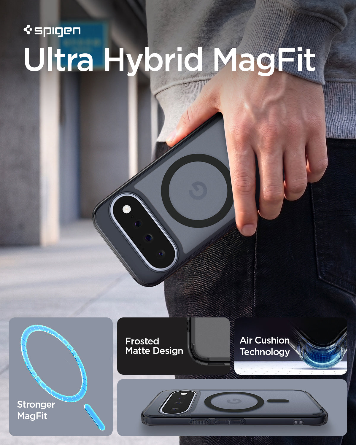 ACS11442 - Pixel 11 Ultra Hybrid (Mag Fit) Frost Black lifestyle image featuring the Ultra Hybrid MagFit case with DuraClear technology, Air Cushion protection, and a built in MagFit ring.