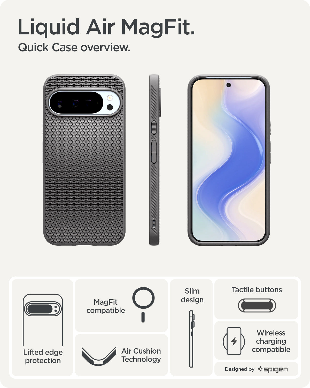 ACS09720 - Pixel 10 Pro XL Case Liquid Air (MagFit) in marble gray showing the quick case overview. Lifted edge protection, MagFit compatible, Aircushion technology, slim design, tactile buttons and wireless charging compatible