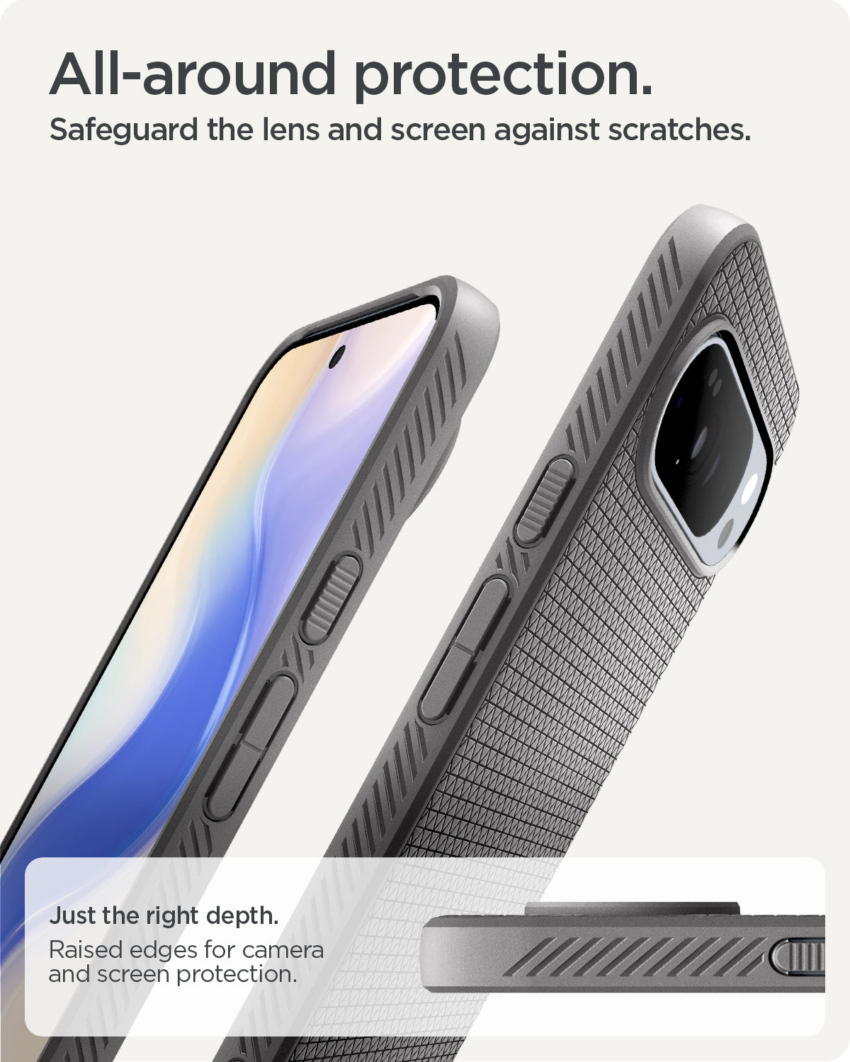 ACS09720 - Pixel 10 Pro XL Case Liquid Air (MagFit) in marble gray showing the all around protection. Safeguard the lens and screen against scratches. Just the right depth of raised edges for camera and screen protection