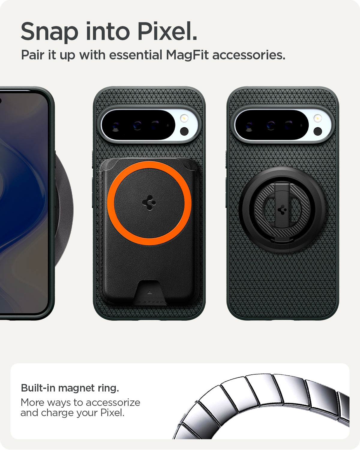 ACS09719 - Pixel 10 Pro XL Case Liquid Air (MagFit) in abyss green showing the built in magnet ring. More ways to accessorize and charge your pixel. Snap into Pixel. Pair it up with essential MagFit accessories.