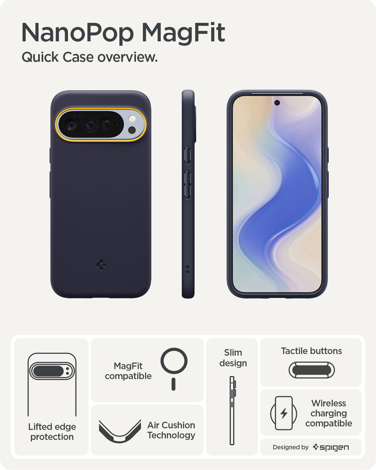 ACS09734 - Pixel 10 Pro XL Case Nano Pop (MagFit) in blueberry navy showing the quick case overview. Lifted edge protection, MagFit compatible, AirCushion technology, slim design, tactile buttons and wireless charging compatible.