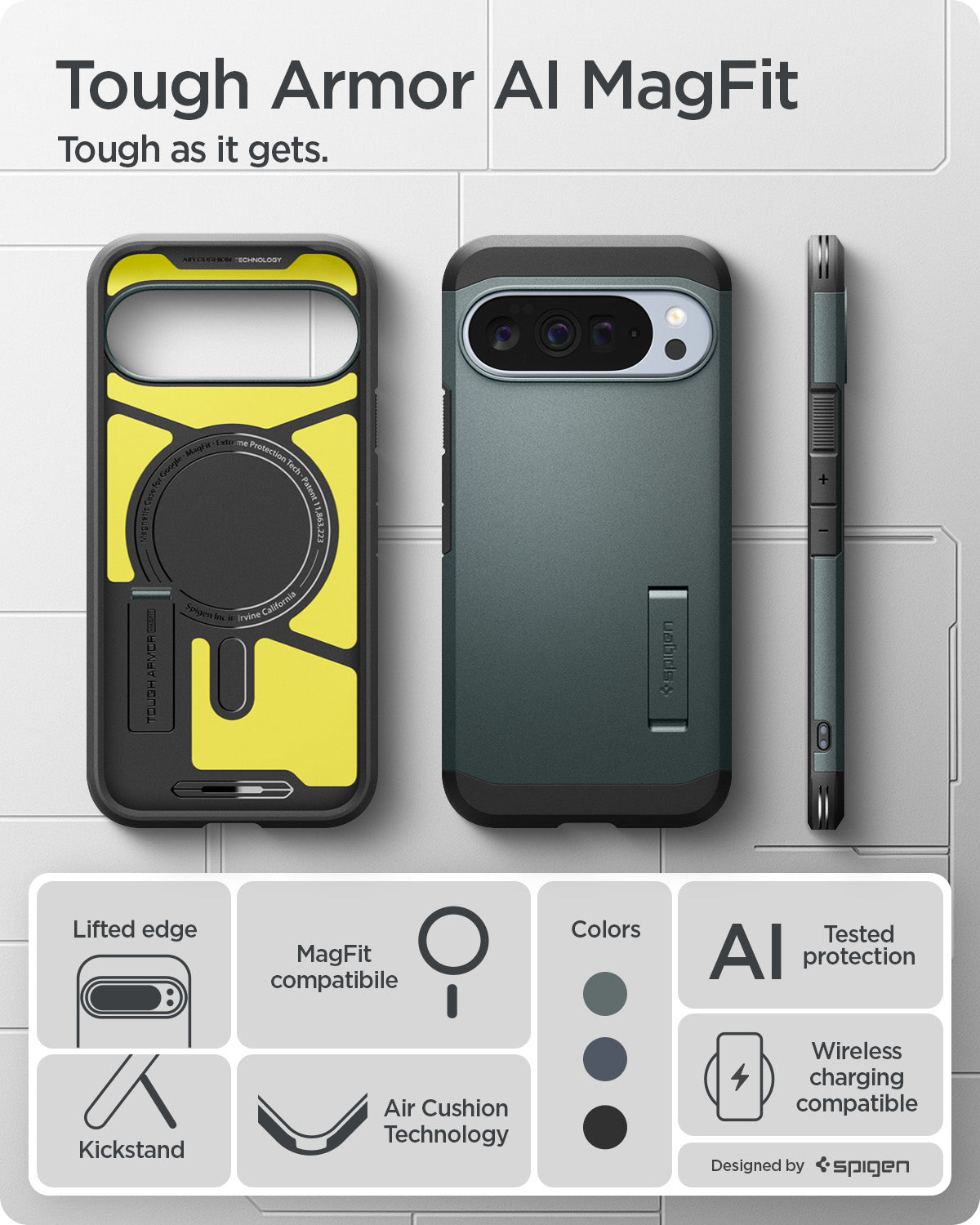 ACS09730 - Pixel 10 Pro XL  Tough Armor AI (MagFit) in Abyss Green showing tough armor ai mag fit. tough as it gets.