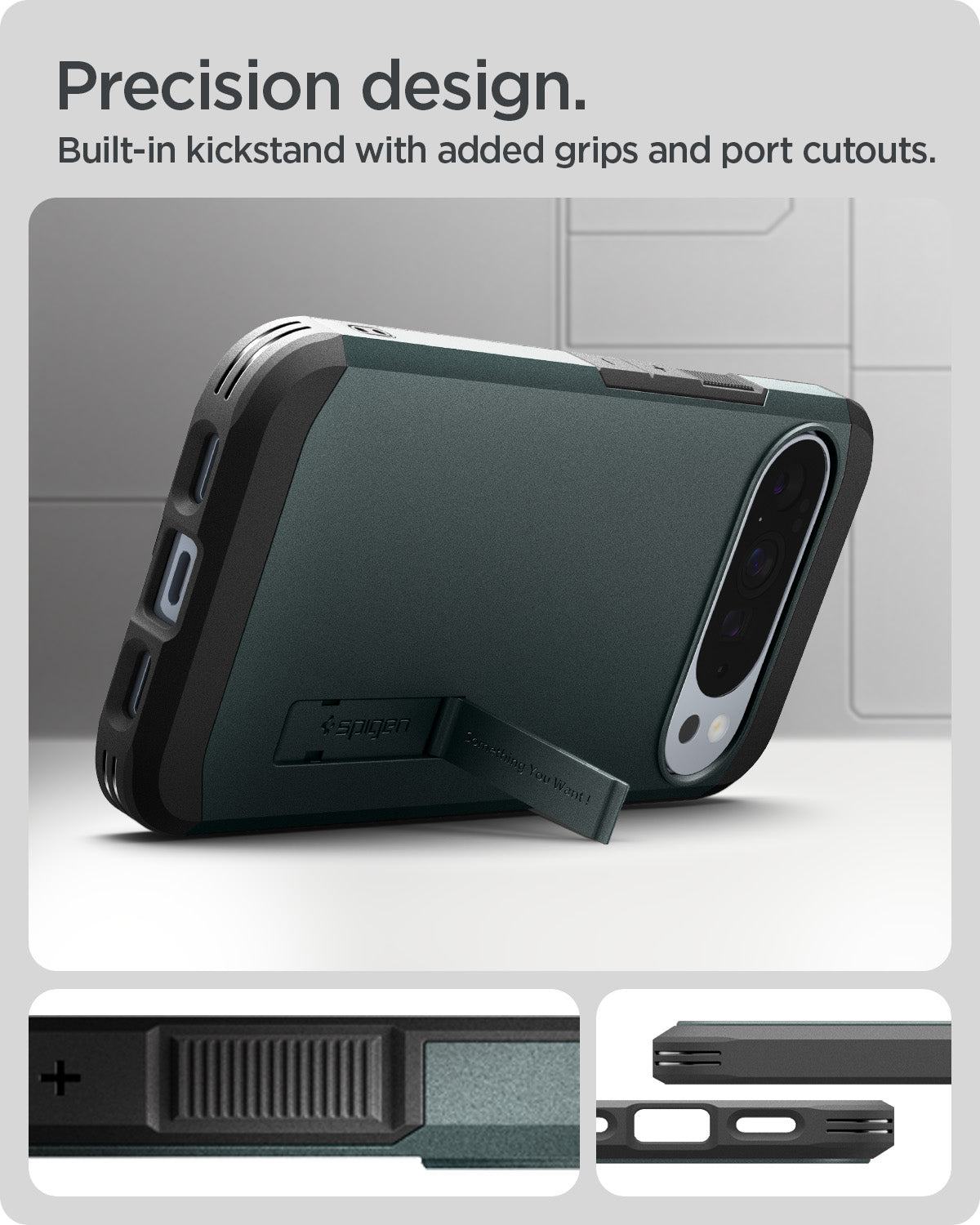 ACS09730 - Pixel 10 Pro XL  Tough Armor AI (MagFit) in Abyss Green showing precision design. built in kickstand with added grips and port cutouts