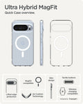 ACS09725 - Pixel 10 Pro XL Case Ultra Hybrid Metal Ring (MagFit) in crystal clear showing the quick case overview. Lifted edge protection, MagFit compatible, aircushion technology, slim design, tactile buttons and wireless charging compatible