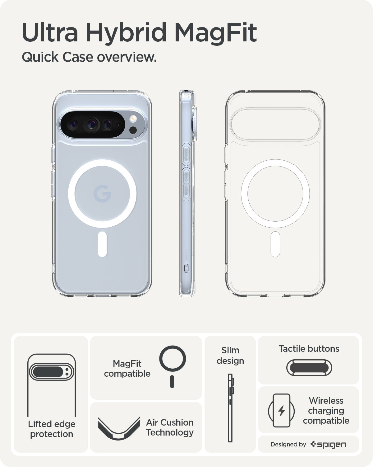 ACS09725 - Pixel 10 Pro XL Case Ultra Hybrid Metal Ring (MagFit) in crystal clear showing the quick case overview. Lifted edge protection, MagFit compatible, aircushion technology, slim design, tactile buttons and wireless charging compatible