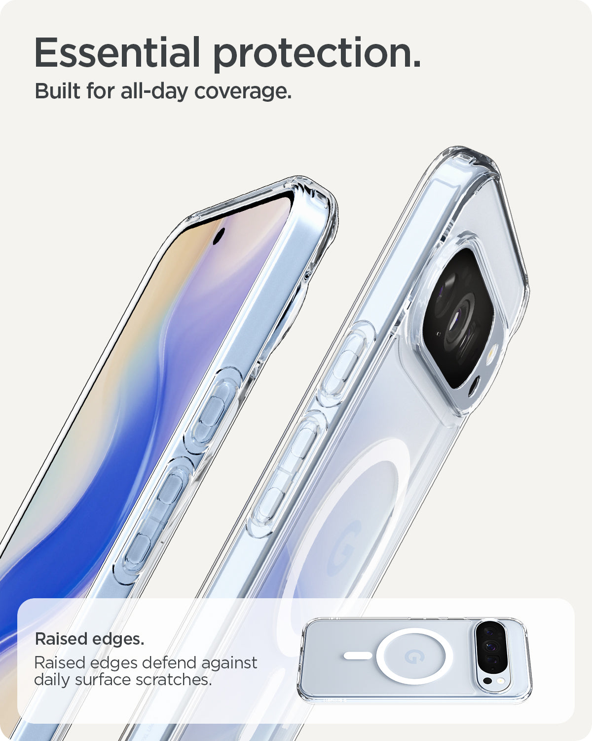 ACS09725 - Pixel 10 Pro XL Case Ultra Hybrid Metal Ring (MagFit) in crystal clear showing the essential protection. Built for all day coverage. Raised edges to defend against daily surface scratches.