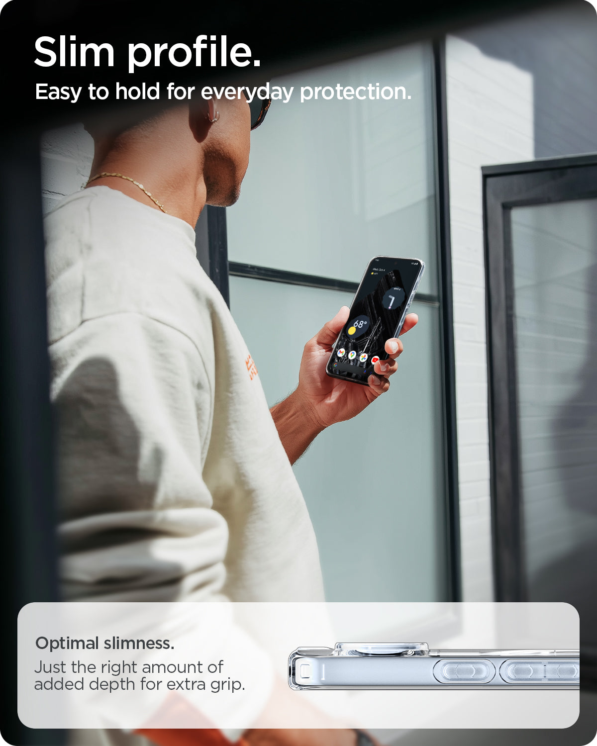 ACS09725 - Pixel 10 Pro XL Case Ultra Hybrid Metal Ring (MagFit) in crystal clear showing the slim profile. Easy to hold for everyday protection. Optimal slimness. Just the right amount of added depth for extra grip