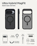 ACS09726 - Pixel 10 Pro XL Case Ultra Hybrid Metal Ring (MagFit) in frost black showing the quick case overview. Lifted edge protection, MagFit compatible, aircushion technology, slim design, tactile buttons and wireless charging compatible