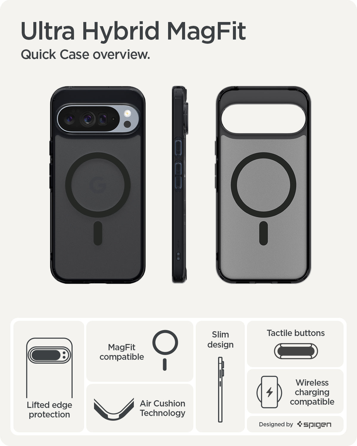 ACS09726 - Pixel 10 Pro XL Case Ultra Hybrid Metal Ring (MagFit) in frost black showing the quick case overview. Lifted edge protection, MagFit compatible, aircushion technology, slim design, tactile buttons and wireless charging compatible