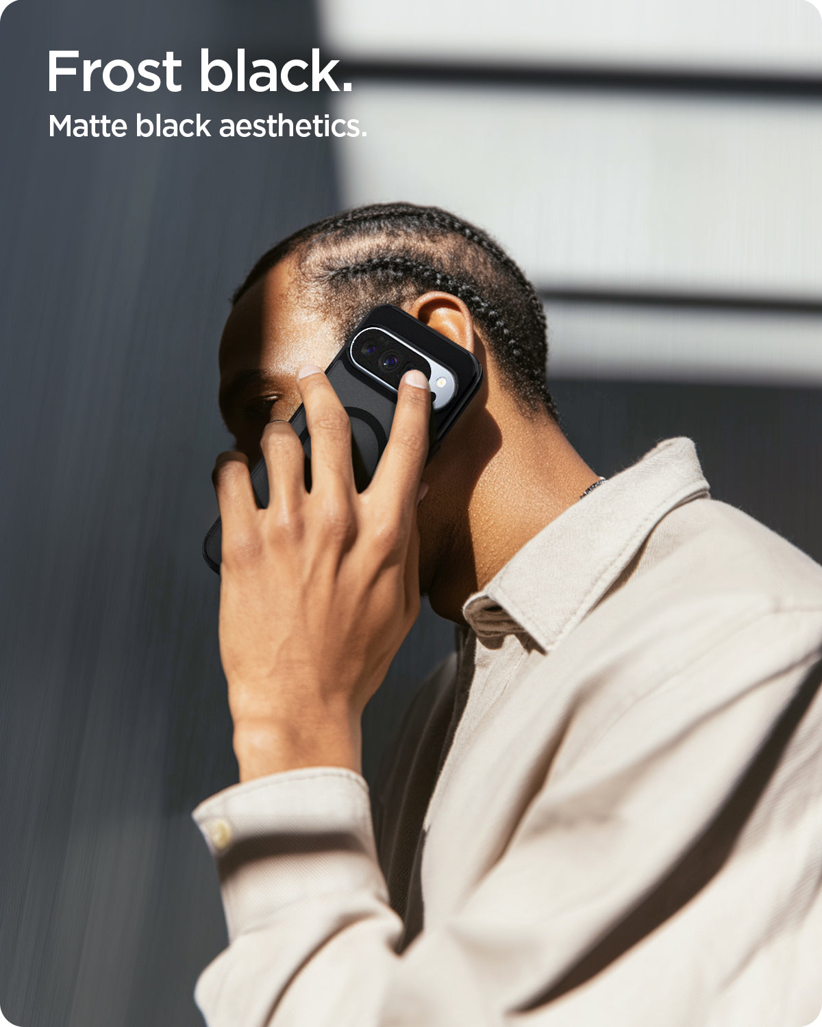 ACS09726 - Pixel 10 Pro XL Case Ultra Hybrid Metal Ring (MagFit) in frost black showing a man talking on the phone