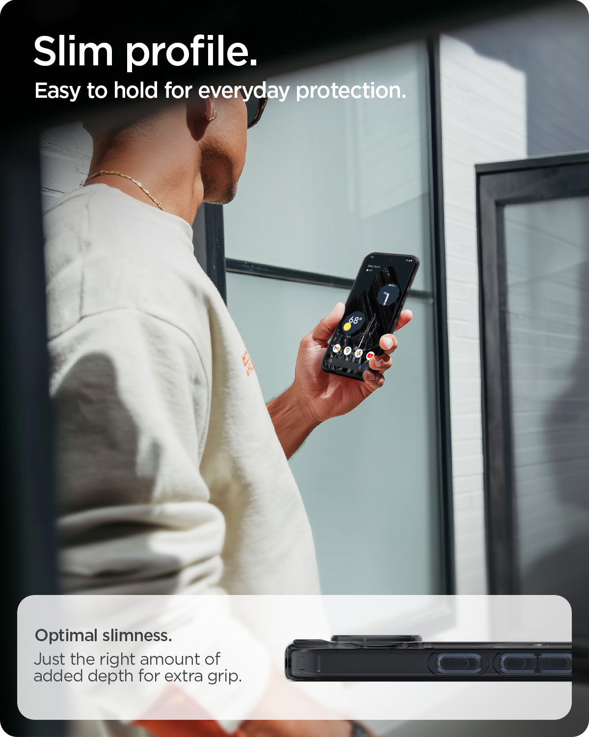 ACS09726 - Pixel 10 Pro XL Case Ultra Hybrid Metal Ring (MagFit) in frost black showing the slim profile. Easy to hold for everyday protection. Optimal slimness. Just the right amount of added depth for extra grip