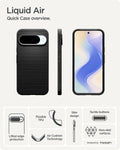 ACS09714 - Pixel 10 / Pixel 10 Pro Case Liquid Air in matte black showing the quick case overview. Lifted edge protection, flexible TPU, AirCushion Technology, slim design and tactile buttons.
