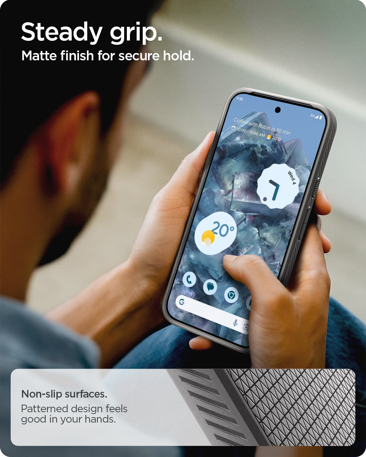 ACS09697 - Pixel 10 Pro Case Liquid Air (MagFit) in gray showing the steady grip. Matte finish for secure hold. Non-slip surfaces. Patterned design feels good in your hands.